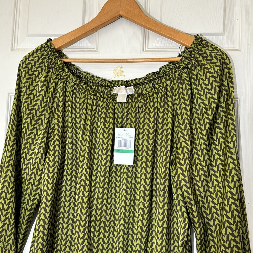 NWT Michael Kors Women’s Top Size Large Brown & Green long Sleeves Blouse - Picture 3 of 5